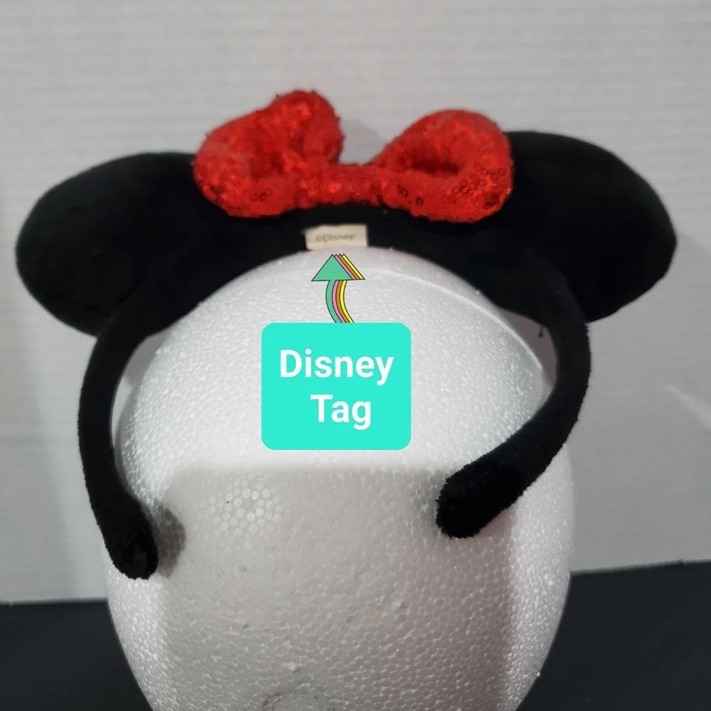 Disney Parks Minnie Mouse Black Plush Ears Red Seqin Bow Headband L👀K